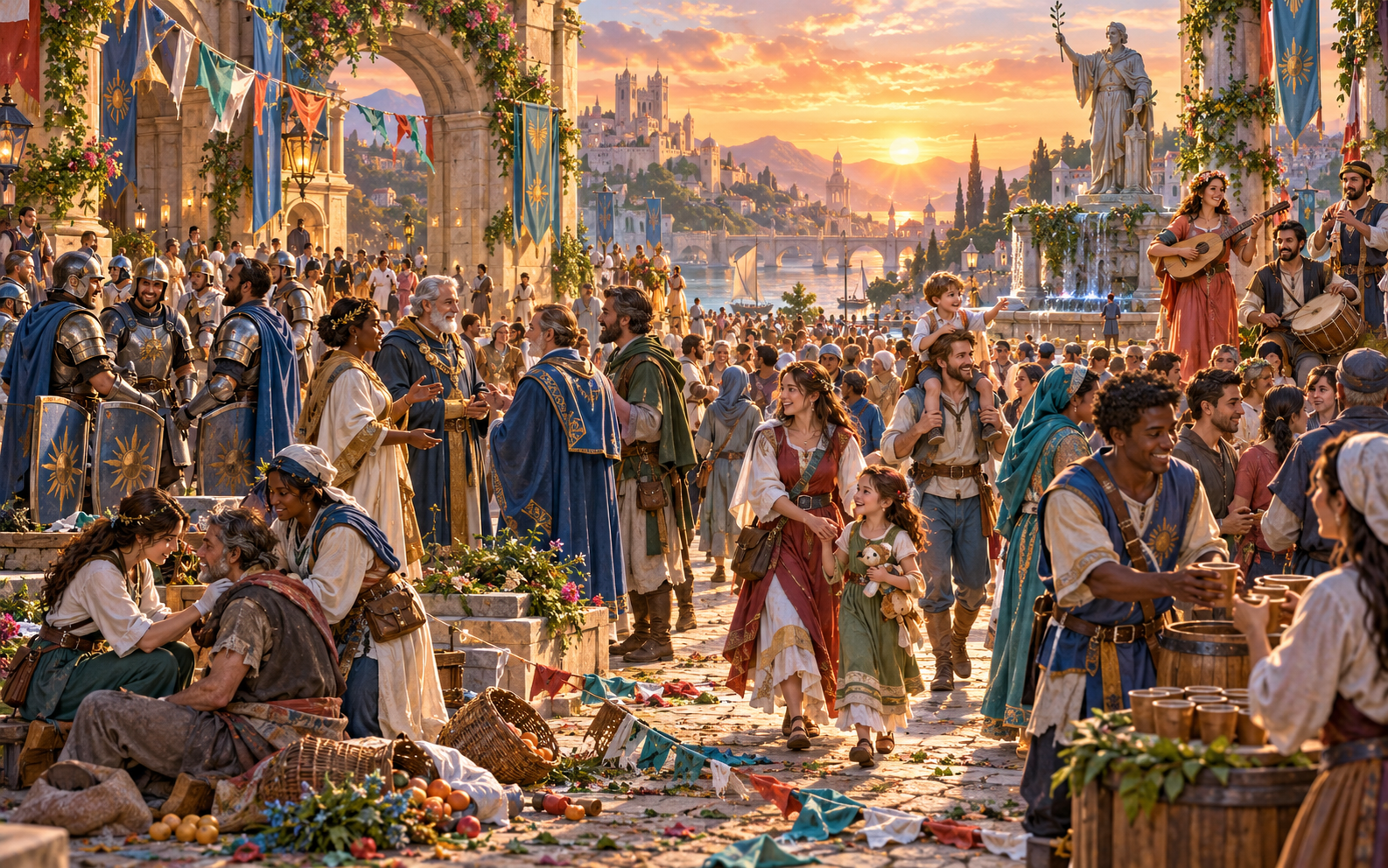 Fantasy illustration of a calm public gathering after tensions ease, with guards talking, families walking and musicians playing