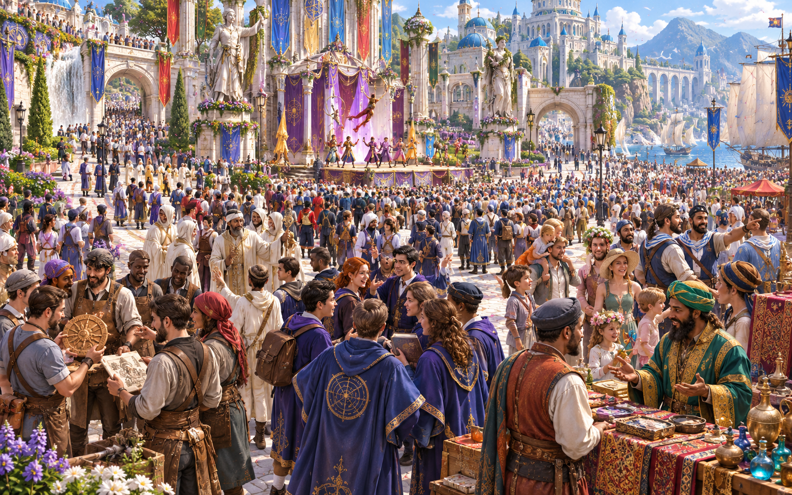 Fantasy illustration of distinct festival groups talking and trading around a public stage in a crowded waterfront square