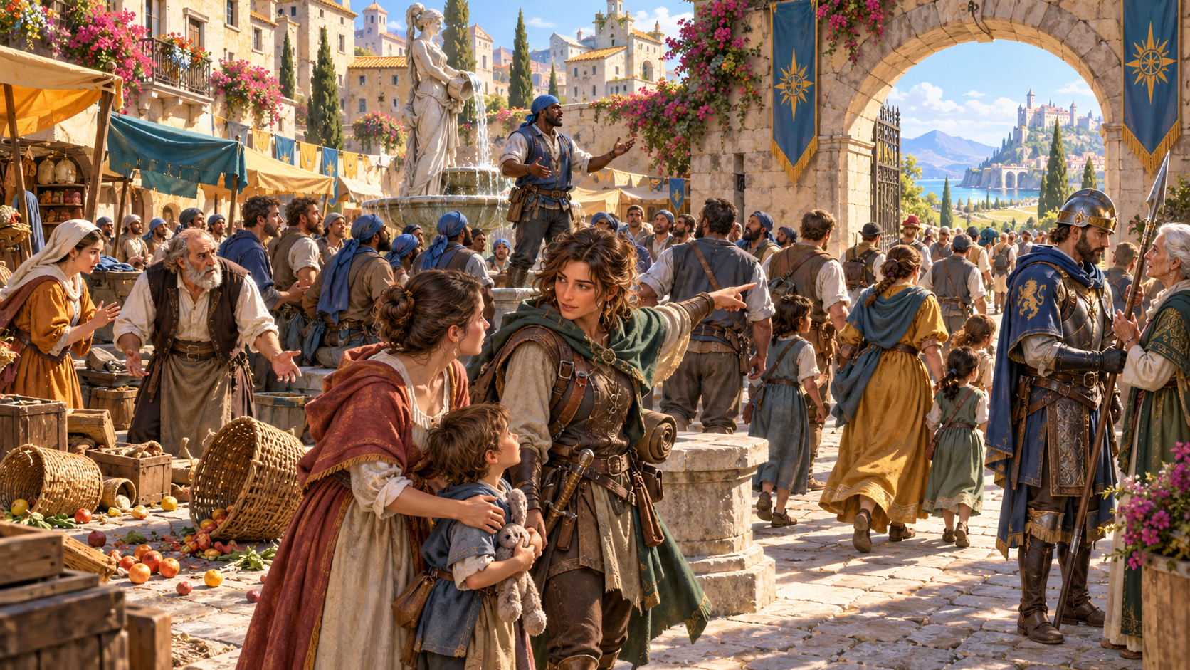 Fantasy illustration of a busy city gathering with distinct groups, guards and a woman guiding a family toward an open gate