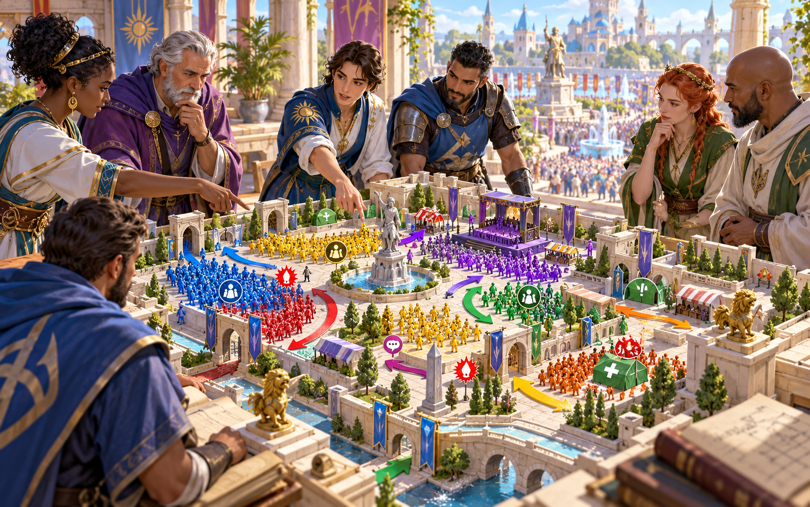 Fantasy illustration of leaders planning around a model of public gathering subgroups, movement routes, exits and flashpoints